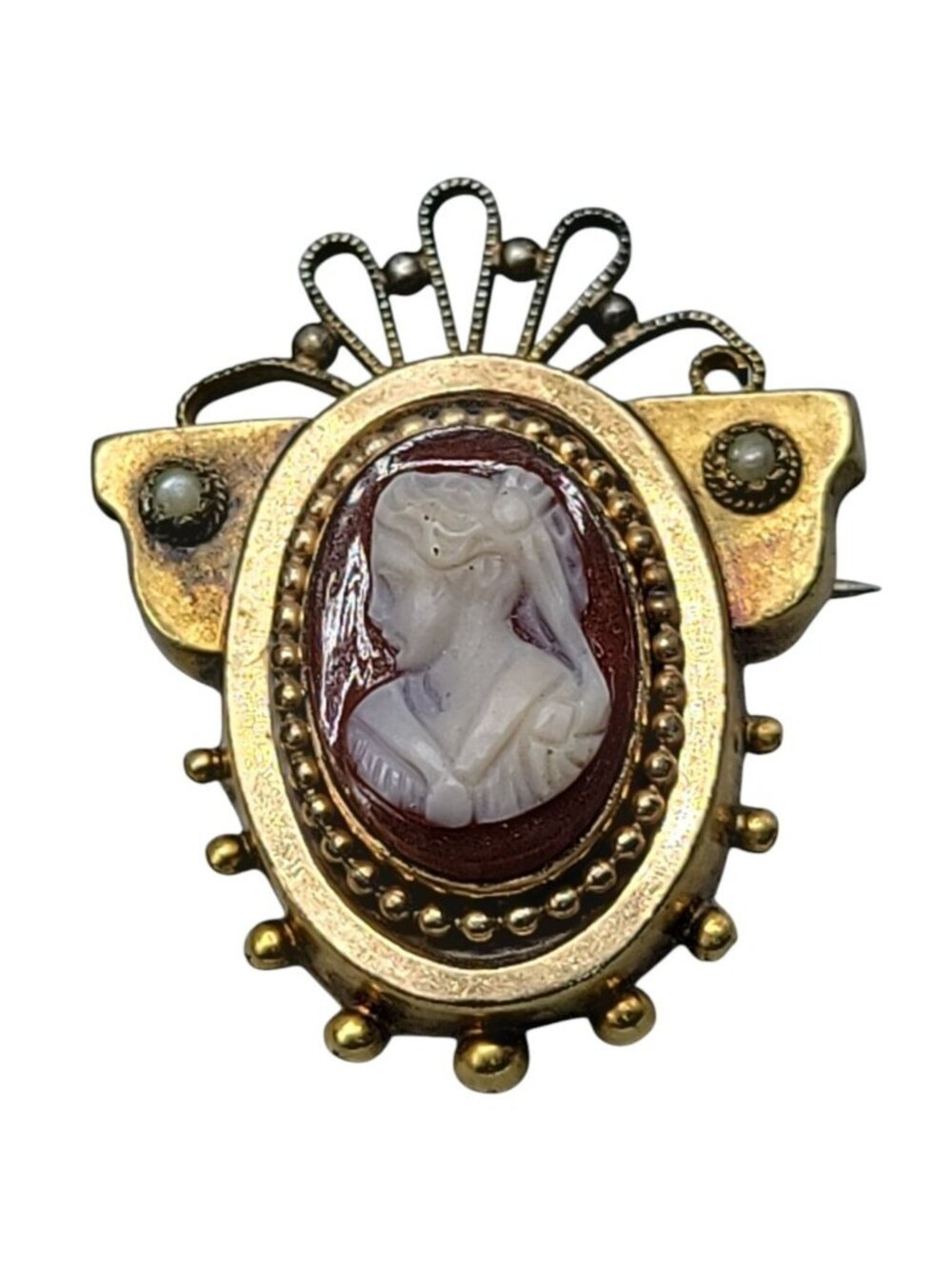 Antique Victorian Carnelian Carved Cameo Brooch Gold Plated Seed Pearl Accents - Picture 2 of 12